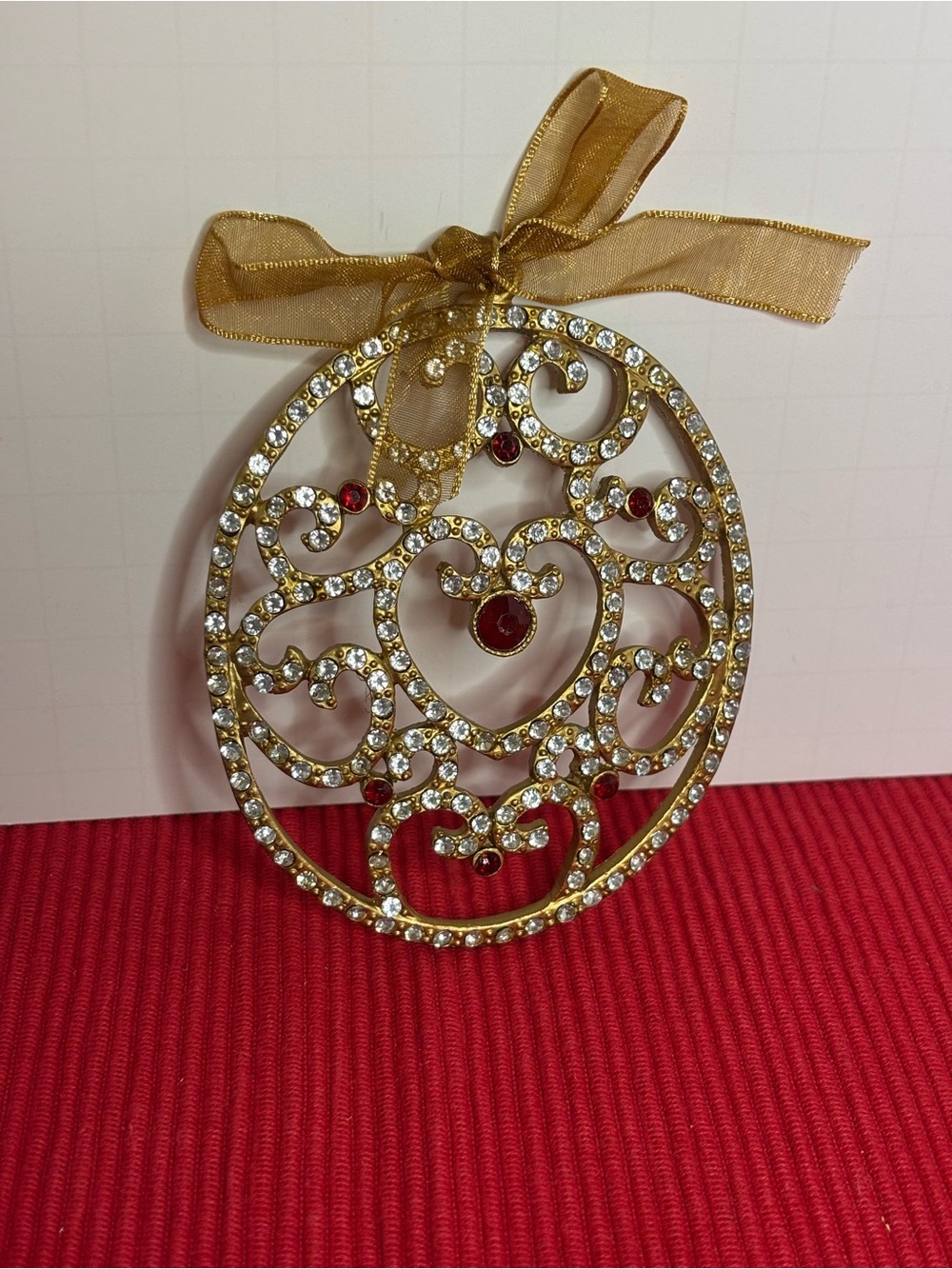 Gold Filigree Heart Ornament with Red Accents